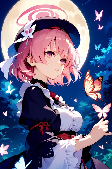 masterpiece,  High Definition , best quality,8k,Girl ，1girl in, Solo, 
(Saigyouji Yuyuko, butterfly, bug, hat, Pink hair, Triangular headpiece, Night, Pink eyes, Short hair, )