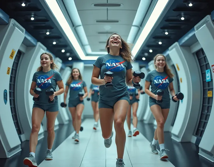 Realistic, theme is "Space Station", everything inside the space station is weightless, an astronaut is doing weight training with dumbbells inside the station, other astronauts watching aloud out loud, all astronauts are wearing T-shirts and shorts, the T...