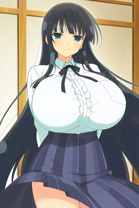 masterpiece, best quality, anime art style, Official Art, perfect eyes, detailed eyes, perfect face, perfect hair, detailed hair, shiny hair, beautiful character design, 1 girl, alone, Ikaruga (Senran Kagura), black hair, hime cut, blue eyes, black pupils,...