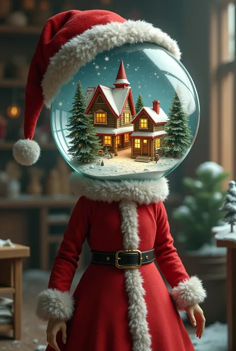 A female Christmas elf whose head is a snow globe. ((Her head is a snow globe featuring a classic holiday village.)) Santas Workshop elf costume, Santa hat.