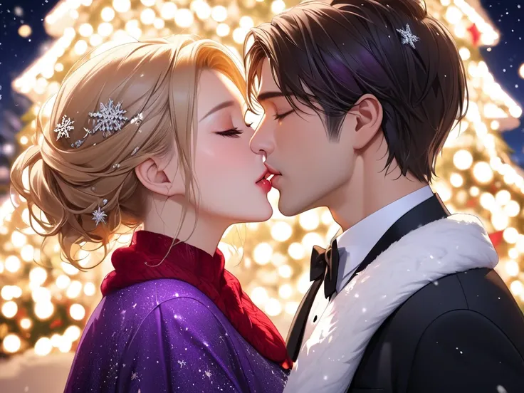 masterpiece A couple profil PORTRAIT ULTRA realistic, ultra detailled face, ultra detailled scenary, HD DIGITAL ART in Christmas outfits,winter clothes, very much in love and ((passionnate and intense kiss lip to lip)) with each other, kiss movie, romantic...