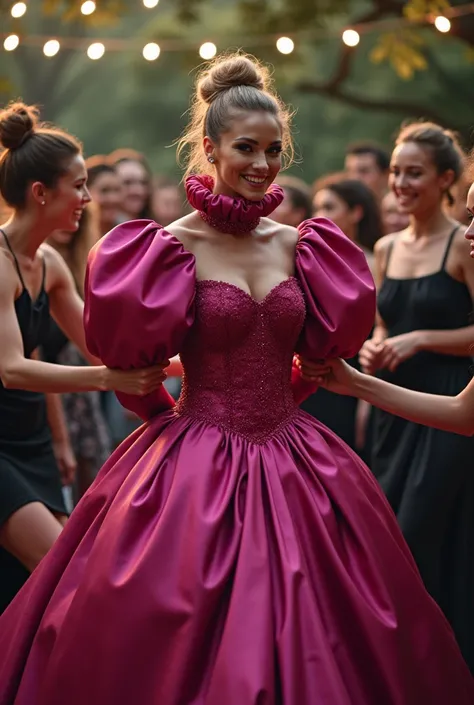 (realistic photograph close up), (a smiling beautiful Caucasian lady with (messy hair bun), she wearing a (excessive shiny fuchsia silk gown with (long gigantic puff sleeves), (and with an ultra high tight stand-up collar up to her cheeks) (with a gigantic...