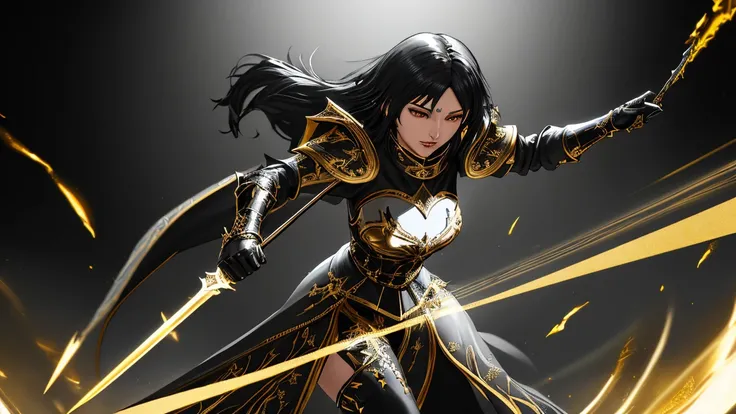 Medieval fantasy knightess in black armor with gold trim using a pair of black scissors with gold trim to cut through spacetime , art by Korean MMO artists, flowing and dynamic action, extremely detailed, high resolution, Unreal Engine