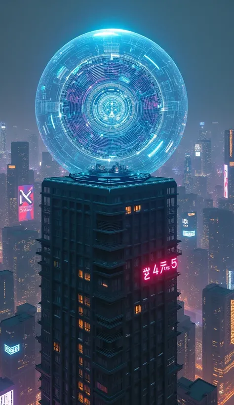  with a neon cyberpunk city in the background 、 a huge AI core sits at the top of the building 。The core is in a transparent sphere 、 a complex digital pattern moves inside 。A hologram advertisement floats in the air 、 there is an area of shadows where reb...