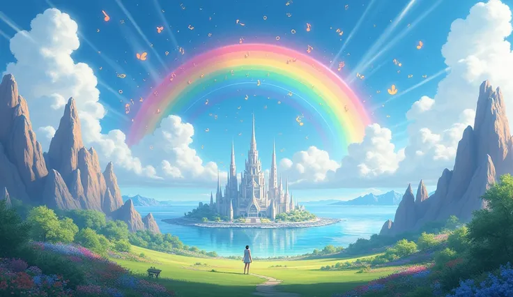 rainbow and musical notes 　 gentle music 　 Scenery　Rainbow　 music poster　An endless cityscape　Mountain　sea　 imaginary　A gentle world that expands in depth　There is a big building in front