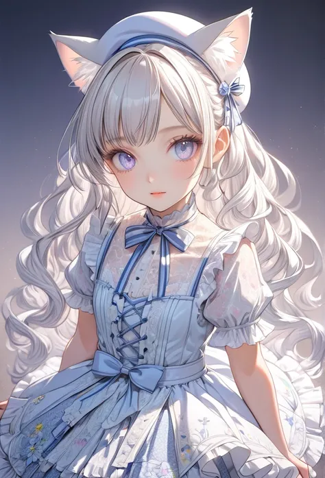 1 cute girl with cat ear and cat tail, ligne claire, contour deepening beautiful detailed glow, by famous artist,  head tilt, long white hair, curly hair, Air bangs, Grey hair, beautiful detailed hair, Beautiful face, ^ ^, lovely big eyes, flat chest, zett...