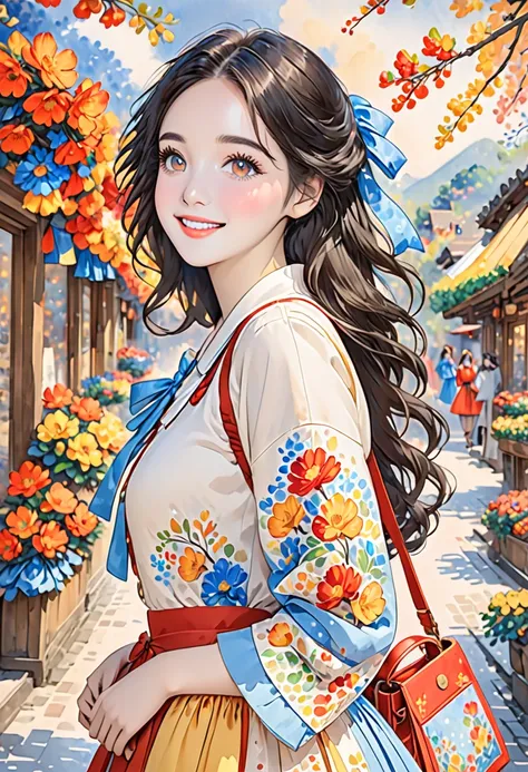 ( masterpiece,  top quality), ((1 female, (21 years old Adults) shoulder length hair， Slightly natural curls ， Tie Part of Hair with Ribbon), (Snow white skin， A pair of bright apricot eyes Handmade canvas bags that often show kindness and focus ),  ( pays...