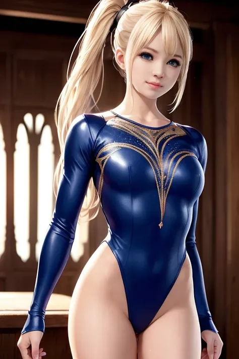 Marie rose, Blonde hair, Smirking smile, gymnast tight leotard, long sleeves, ((Best Quality, 8k, Masterpiece:1.3))), Crisp Focus: 1.2、(Layer Cut, Big:1.2),Beautiful Woman with Perfect Figure: 1.4、Slender Abs:1.2、Wet Body:1.5、Highly Detailed Face and Skin ...