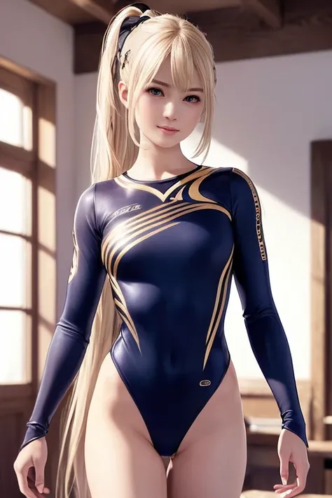 Marie rose, Blonde hair, Smirking smile, gymnast tight leotard, long sleeves, ((Best Quality, 8k, Masterpiece:1.3))), Crisp Focus: 1.2、(Layer Cut, Big:1.2),Beautiful Woman with Perfect Figure: 1.4、Slender Abs:1.2、Wet Body:1.5、Highly Detailed Face and Skin ...