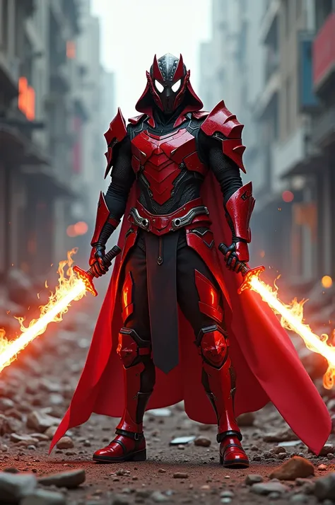 man wearing red futuristic samurai armor with black accents wearing samurai helmet black mask with white visor with red cape carrying 2 red flaming katanas in destroyed city