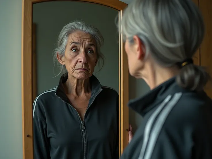 VAIN OLDER WOMAN ,  tracksuit looking in the mirror ,  IS SURPRISED AT HOW OLD SHE IS