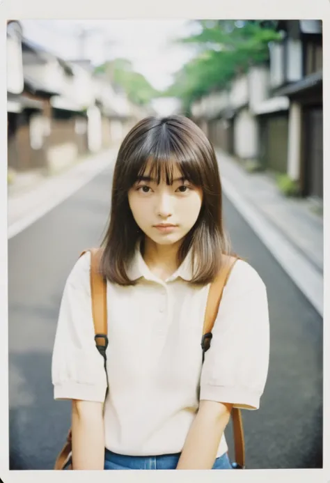 Japanese girl, 18-21 years old, brown hair with bangs, high-quality photo portrait, shot on a Polaroid camera