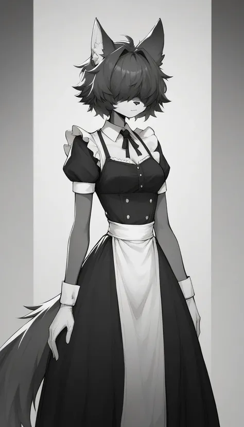     top quality  ,    Очень подробная иллюстрация    top quality ,  super detailed illustration , (Anthro Fluffy Wolf Girl :1,7),  medium length disheveled thick hair black and white, (hair covers eyes :1,6),  thin waist,  wide waist, Slim,  perfect body, ...