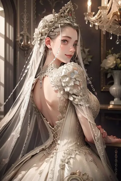 (masterpiece, best quality, beautiful and aesthetic:1.3), upper body, look back, looking at viewer, 1girl, solo, light smile, very long hair, (white hair:1.2), ruanyi0254, jewelry, necklace, white dress, wedding dress, shiny skin, beautiful face, beautiful...