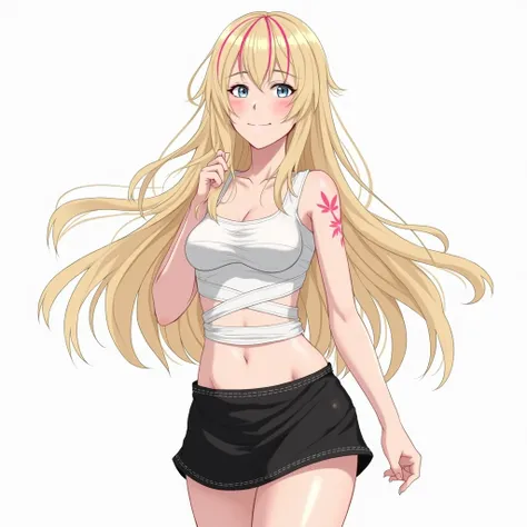  can u create a picture of a new demonslayer girl,her appearance:Light skin,White eyes,Long blonde Silky hair with a pink stripes, her outfit: A white bandage top Wrap around her breast,and a black short skirt 1girl, Solo, 