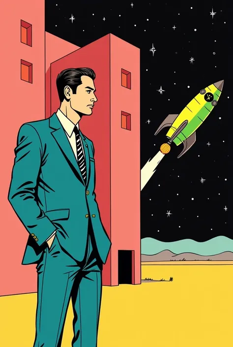 A retro comic-style illustration featuring a well-dressed man standing on the left side of the image. The man has short, slicked-back dark hair and wears an aqua blue suit with broad lapels, a white shirt, and a black-and-white striped tie. His hands are c...