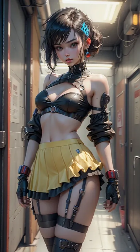 Unreal Engine:1.4,CG ultra realistic 64K,  photorealistic:1.4,  skin texture:1.4,  Masterpiece:1.4,Beautiful woman in babydoll lingerie、Ropa corta estilo cyberpunk color amarillo, pantimedias red , mini skirt blue,