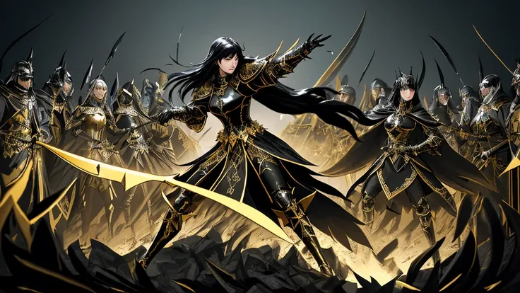 Medieval fantasy knightess in black armor with gold trim using a pair of black scissors with gold trim to cut through an army of paper knights , art by Korean MMO artists, flowing and dynamic action, extremely detailed, high resolution, Unreal Engine