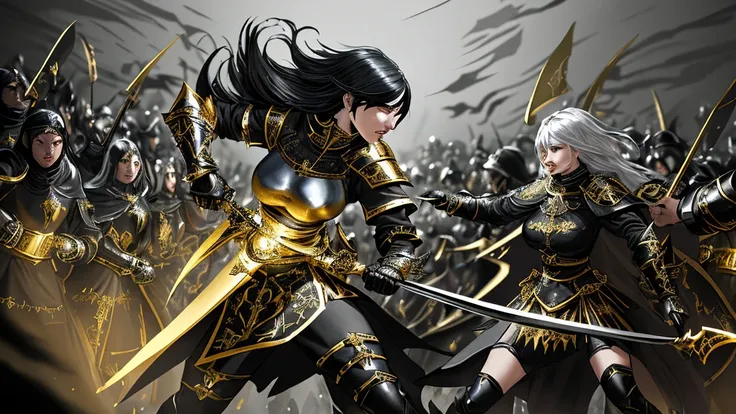 Medieval fantasy knightess in black armor with gold trim using a pair of black scissors with gold trim to cut through an army of paper knights , art by Korean MMO artists, flowing and dynamic action, extremely detailed, high resolution, Unreal Engine