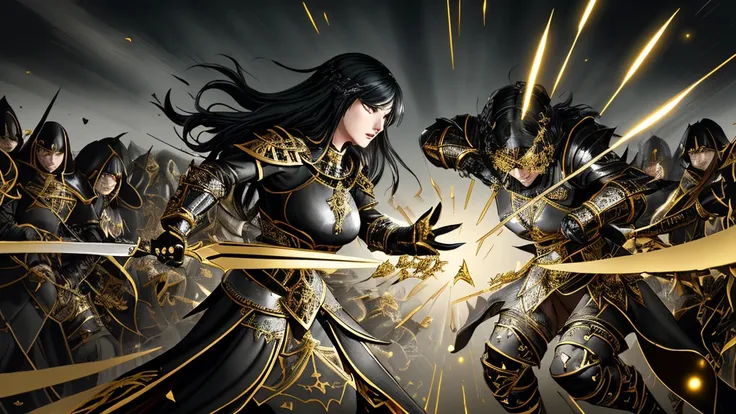 Medieval fantasy knightess in black armor with gold trim using a pair of black scissors with gold trim to cut through an army of paper knights , art by Korean MMO artists, flowing and dynamic action, extremely detailed, high resolution, Unreal Engine