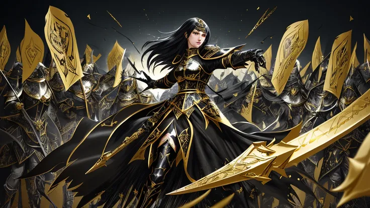 Medieval fantasy knightess in black armor with gold trim using a pair of black scissors with gold trim to cut through an army of paper knights , art by Korean MMO artists, flowing and dynamic action, extremely detailed, high resolution, Unreal Engine