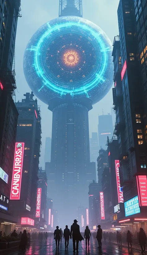 Highest image quality、 There is a neon cyberpunk city in the background  、  A huge AI core is at the top of the building  。The core is in a transparent sphere  、  Complex digital patterns are moving inside  。 hologram ads are floating in the air  、  The re...