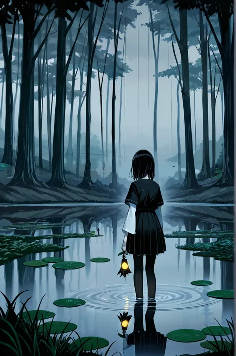 1girl, solo, short_hair, skirt, black_hair, shirt, dress, long_sleeves, original, holding, standing, short_sleeves, pantyhose, pleated_skirt, outdoors, wide_sleeves, black_skirt, water, from_behind, medium_hair, black_dress, tree, glowing, grass, nature, f...