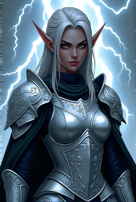 Bold outlines and flat colors。 a beautiful dark elf female knight。Jet Black Skin。 pointed ears。Gray Hair。Silver armor with elaborate relief。lightning background。The statue depicted on the RPG card 