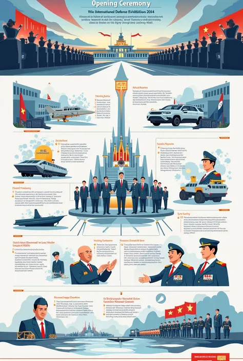 Create an infographic with information in Vietnamese for me on the topic of Opening Ceremony of Vietnam International Defense Exhibition 2024 What is special