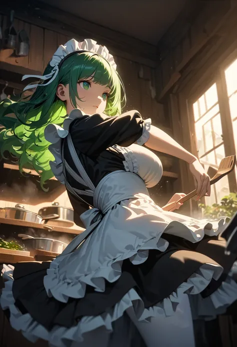 masterpiece, best quality, ultra-detailed, 4k quality, ultra HD, hyper-detailed, photorealistic lighting, intricate textures, cinematic shading, dynamic composition, anime style, vibrant colors, soft lighting, high contrast, 1girl, green hair, shoulder-len...