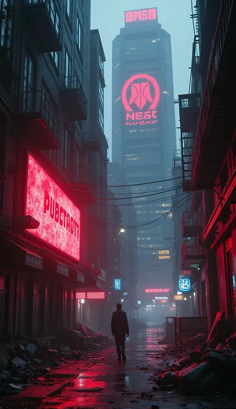  Max Image、  neon street 。 a broken hologram advertisement is projected on the wall of the building 、 the smell of crime wafts through the dim streets 。The neon light flashes red and 、 in a dystopian cyberpunk city {x} is littered with abandoned junk and t...