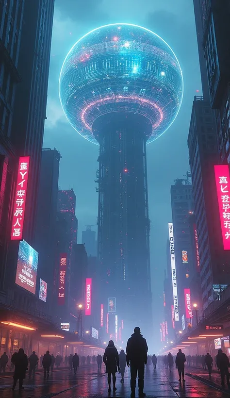  Max Image、  There is a cyberpunk city where neon shines in the background   、  There is a huge AI core at the top of the building   。The core is in a transparent sphere   、   Complex digital patterns move inside   。  hologram ads are floating in the air  ...