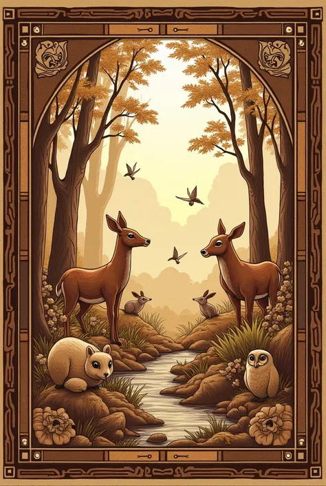 Create a realistic sketch for pyrography on the theme of forest animals made in the form of a stained-glass window with large contours in brown color with a border with oriental patterns 