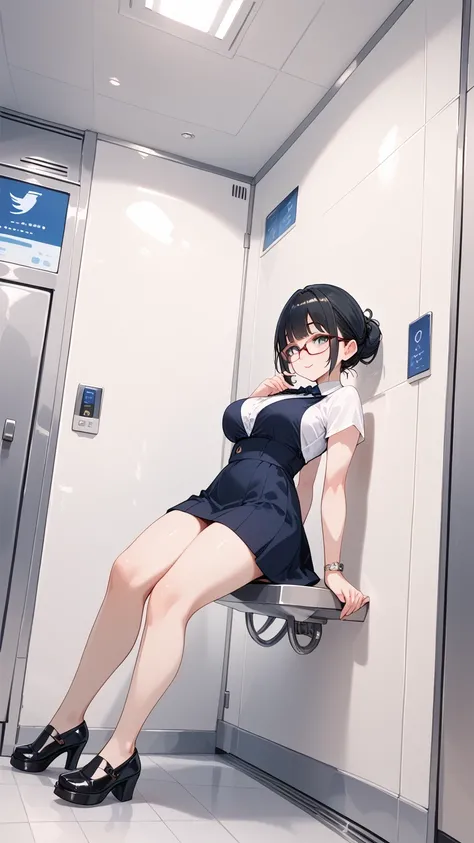 Black hair, glasses, elevator girl