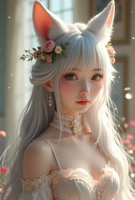 asian girl 18 years, A fantasy-themed female character with long silver-white hair, wearing a delicate white lace outfit. She has fox-like ears with a soft gradient of white and gray fur. The setting is indoors, with warm lighting, giving a soft and ethere...