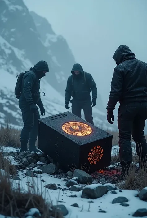 Create an image of a Black Box being retrieved from an airplane wreckage in snowy mountains, the focus is on the black box which is secured in the wreckage, the mood is gloomy and dark, special agents retrieving the box. The colour of the box is vanta blac...