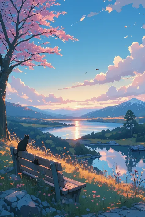 Viral anime nature wallpaper in 4k quality. In the style of digital illustration inspired by Hayao Miyazaki. “Oh, simple thing, where have you gone?”
A quiet hillside overlooks a calm, shimmering lake under a fading twilight sky. The landscape feels untouc...