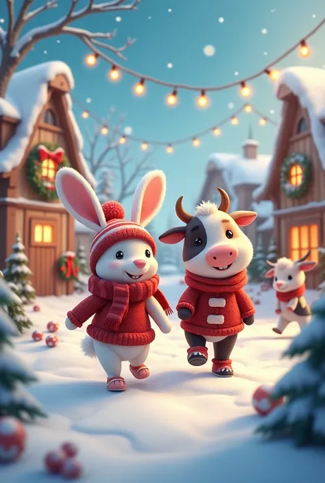 Rabbit and cow characters look like they go between Christmas villages