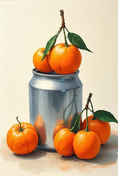 Masterpiece,Best quality, ((A half-finished painting in a sketchbook)),, unfinished, half-finished, Japanese mandarin oranges placed on an aluminum can,