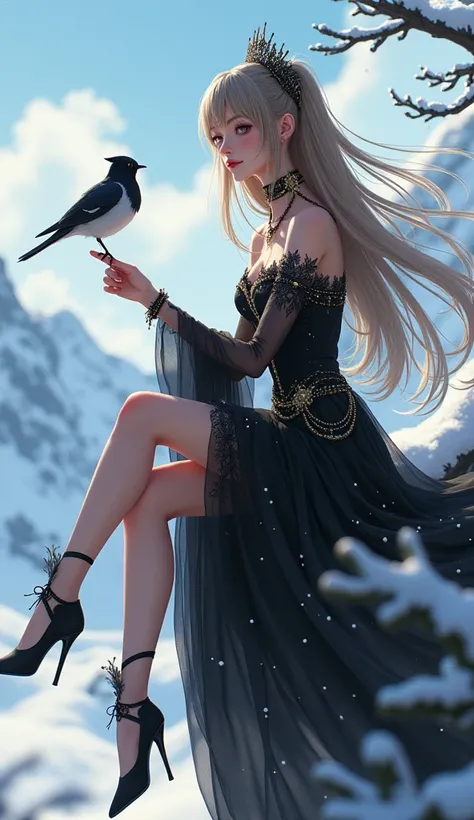  Anime Girl和一件黑色的珠寶及金線裝飾的華麗衣服, Pearl Murangma Peak Snow Background , early morning,  Sit on a branch with legs crossed, Left calf raised , Full body covered in snow , A beautiful snowbird stands on her finger ,  girl raises a snowbird in front of her face ...