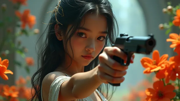  young Indian nymph crying and shoot a pistol on a herself head, at a beautiful stunning technological room with flowers, realistic cinematic style, 4k 3D ultra HD quality 