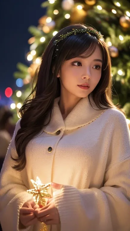 (  Masterpiece ),  top quality,  high definition ,  Ultra Details, 8k, ((Beautiful woman standing in front of Christmas tree illuminations))、Winter Night。Elegant, Colorful and shiny, Dramatic angle, Natural closure (close-up),Focus on personal warmth ,  de...