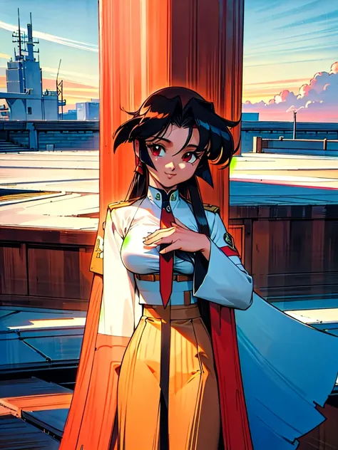 Kenichi Sonoda, retro art-style, 90s Japanese Anime Style, "The Cannon God Exaxxion", Sci-fi, sci-fi gadgets, big budget, 1mature womanl, solo, The Sub-characters, Key Person, "Isaka Minakata", 30yo, anime beauty, Older sister type with a calm atmosphere, ...