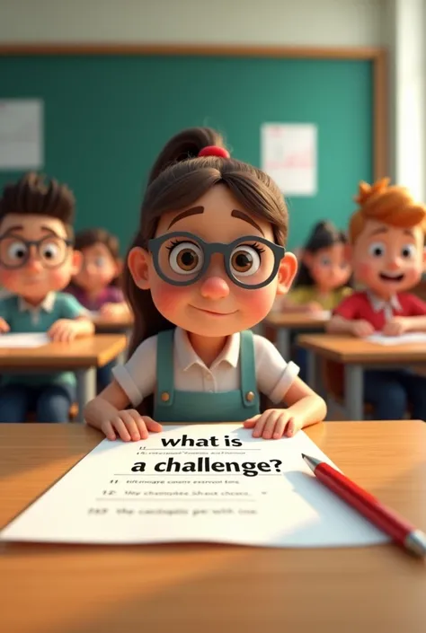 A classroom with students sitting at desks, focused on their exam papers. The teacher supervises in the background. On one students paper, the question "What is a challenge?" is prominently visible.
3d young cartoon photo 