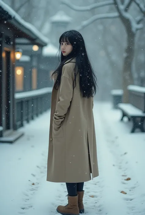  Christmas Night　In the heavy snow　　 at the meeting place　Asian beauty with long black hair wearing a beige long coat and boots 。A high school girl casually turning around 　Im a little lonely 