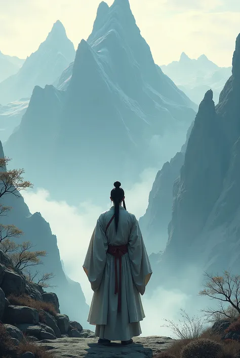 Back image of a lonely middle-aged Confucian student in ancient times， before facing a mountain，Stand with your hands down