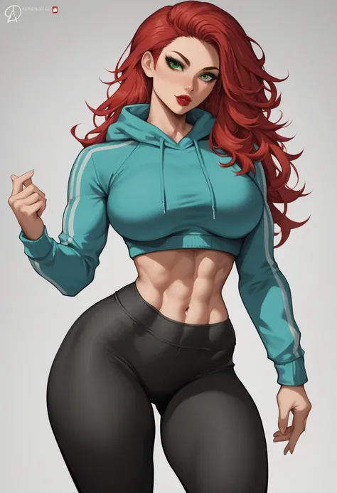 (masterpiece), best quality, expressive eyes, perfect face, red hair, green eyes, big breasts, fit body, hourglass figure, wide hips, natasha romanoff, long hair, bangs, green eyes, red hair, lipstick, makeup, decollete, cleavege, athletic, leggings, cropp...