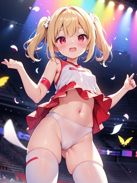 {{{  Masterpiece }}}, {{{ top quality、 cute illustration 、 lifelike skin}}},nsfw、（、 blonde alone、 short haired 、red eyes、 twin tails、 cheerleader costume for 1 person 、sweat、vapor、、Dancing、dance、  raise your legs higher、I can see your pants、High-value cont...