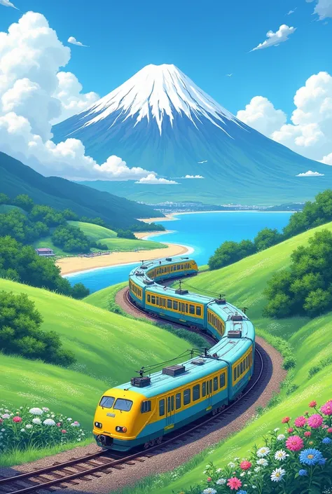 A vibrant and colorful landscape featuring a bright yellow and teal train traveling along curved railway tracks. The tracks are surrounded by lush green hills with wildflowers blooming along the edges. In the background, a majestic snow-capped mountain sim...