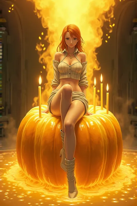 Nami from One Piece is wearing white hot pants, and ,  The shirt is constantly buttoned and is wearing a striped camisole on the inside of the shirt . Also, shes wearing white heel boots .  Nami is standing with her legs stuck like a candle on a huge beesw...